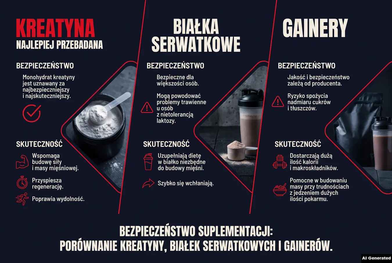 Porównanie kreatyny, białek serwatkowych i gainerów pod kątem bezpieczeństwa i skuteczności.