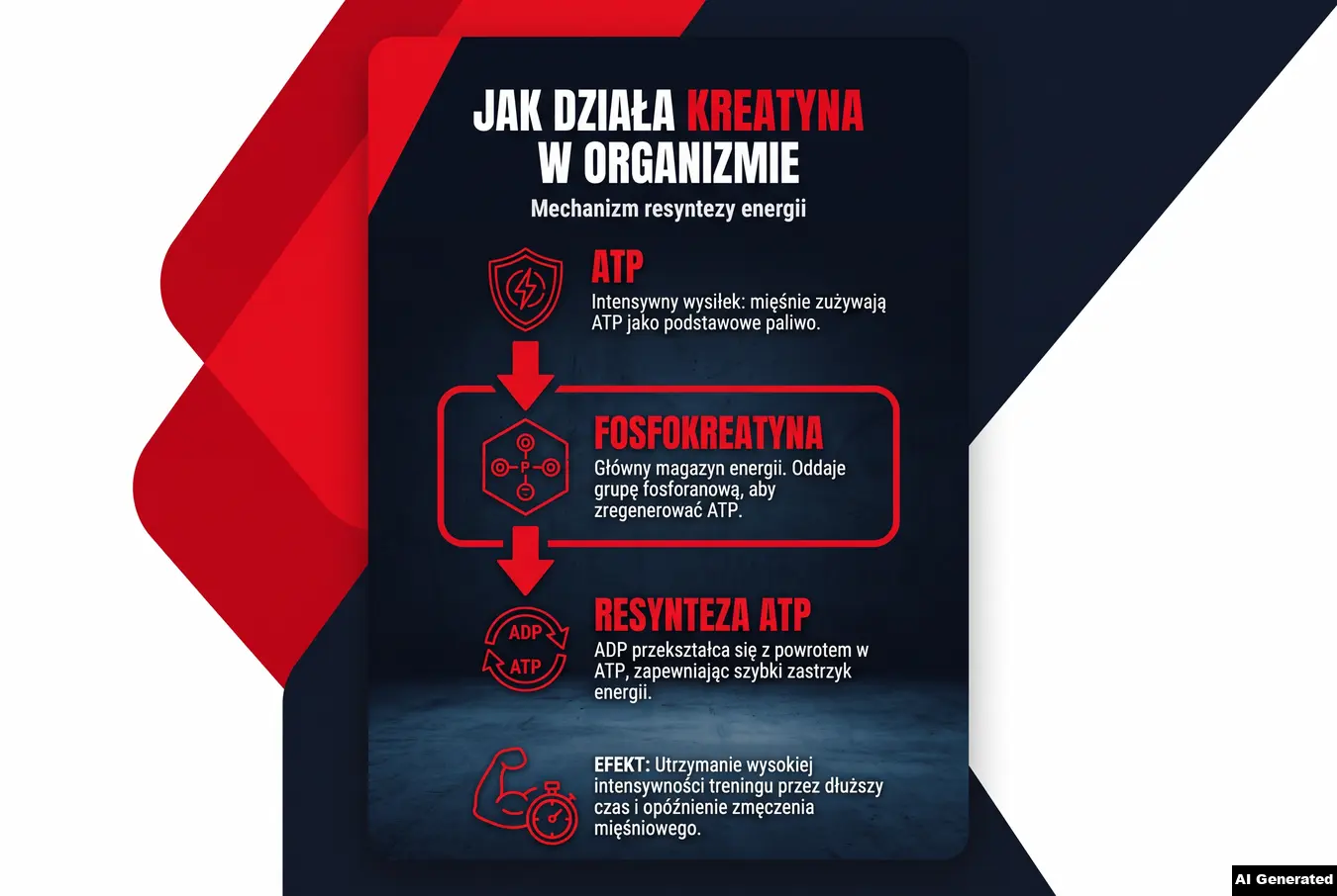 Schemat działania kreatyny: ATP, fosfokreatyna i resynteza ATP.