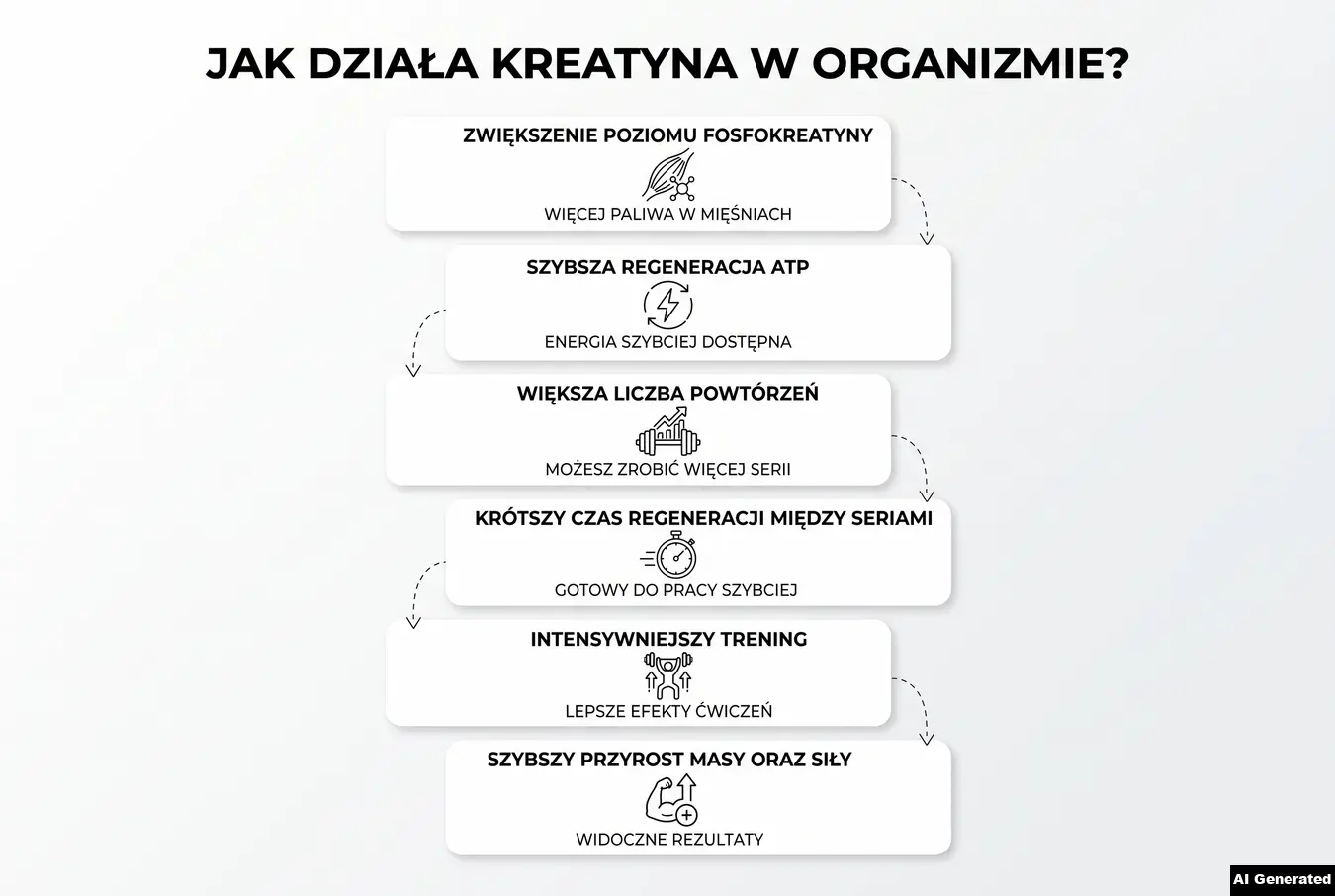 Schemat działania kreatyny w mięśniach krok po kroku.