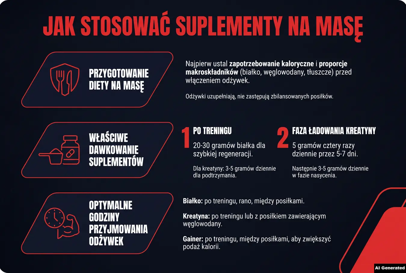 Lista kroków dotycząca stosowania suplementów na masę i dawkowania kreatyny oraz białka.