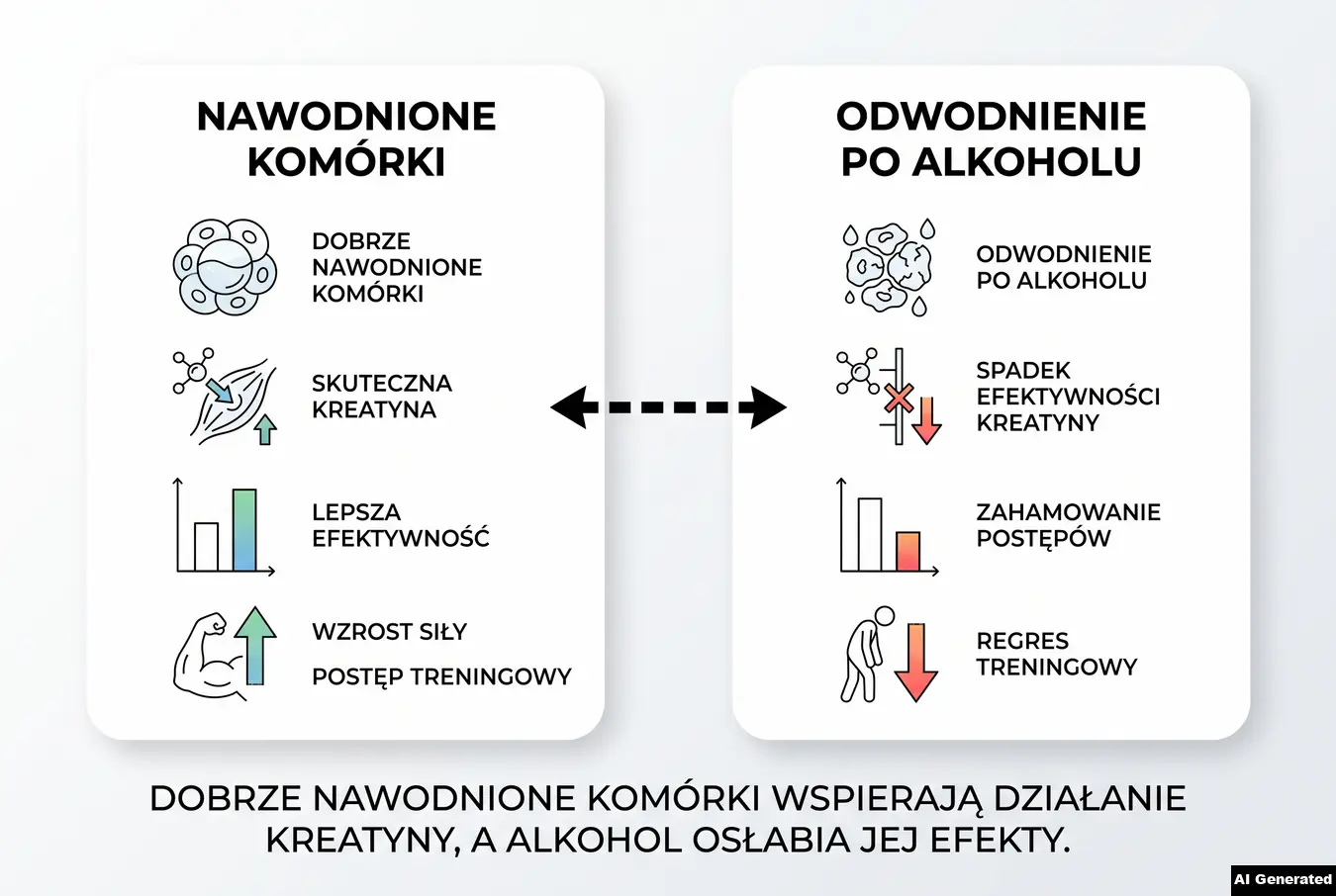 Porównanie nawodnionych komórek mięśniowych i odwodnienia po alkoholu oraz ich wpływu na kreatynę.