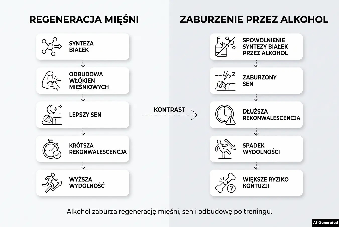 Porównanie regeneracji mięśni i syntezy białek z ich spowolnieniem przez alkohol.