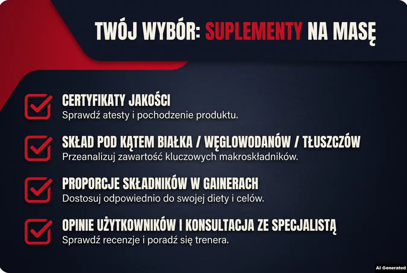 Checklistę z czterema punktami dotyczącymi wyboru suplementów na masę.